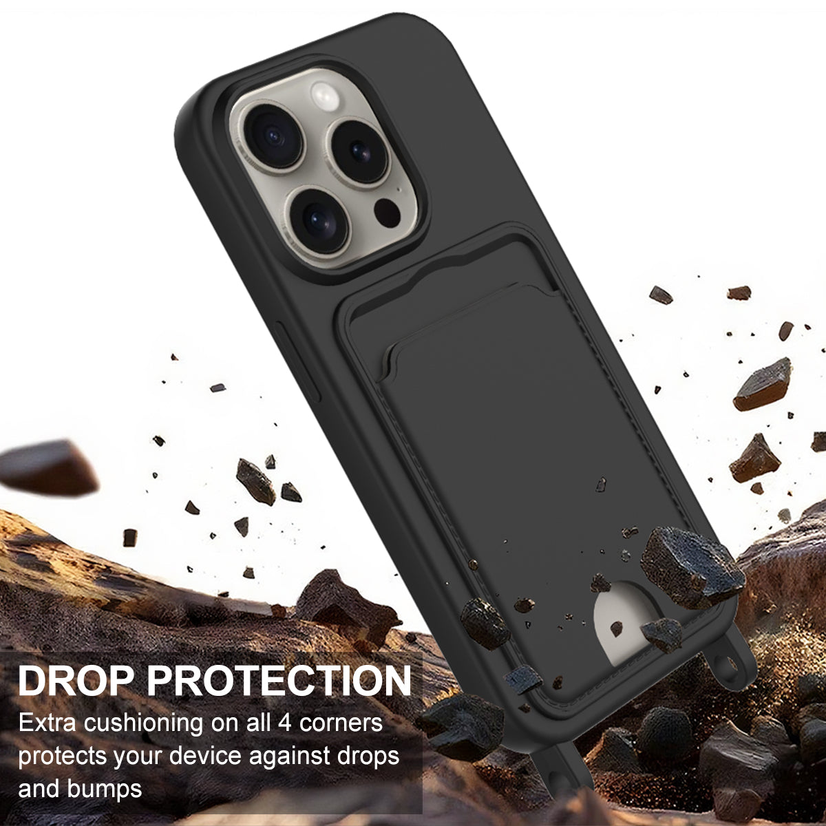For iPhone 16 Pro Liquid Silicone Case Phone Back Cover with Card Holder and Short Strap