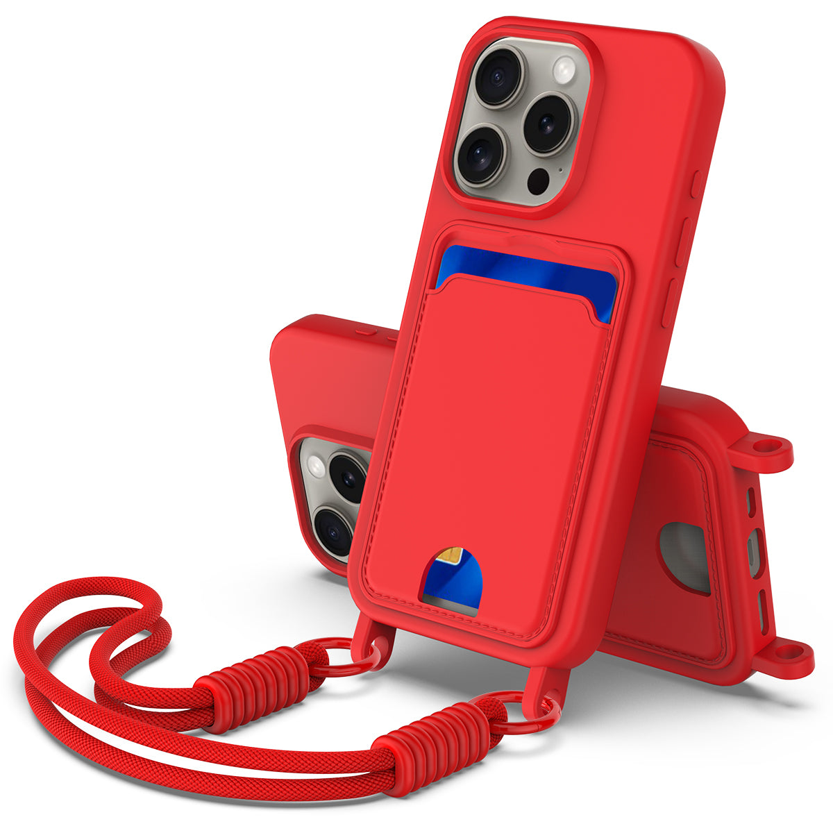 For iPhone 16 Pro Liquid Silicone Case Phone Back Cover with Card Holder and Short Strap