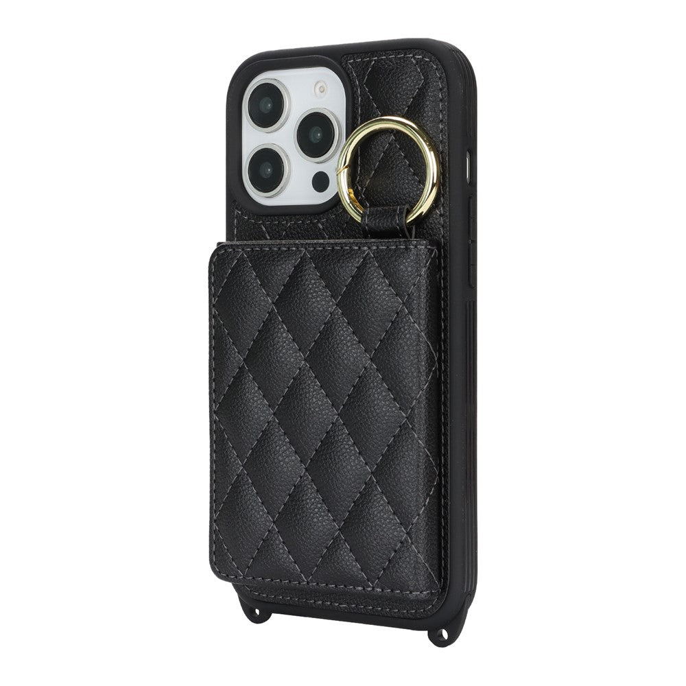 For iPhone 13 Pro Max / 12 Pro Max Case with Lanyard / Mirror / Card Holder Grids Pattern RFID Blocking Phone Cover