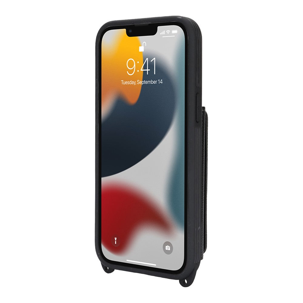 For iPhone 13 Pro Max / 12 Pro Max Case with Lanyard / Mirror / Card Holder Grids Pattern RFID Blocking Phone Cover