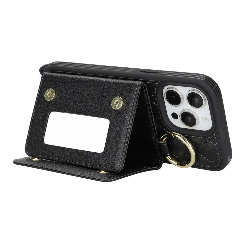 For iPhone 13 Pro Max / 12 Pro Max Case with Lanyard / Mirror / Card Holder Grids Pattern RFID Blocking Phone Cover