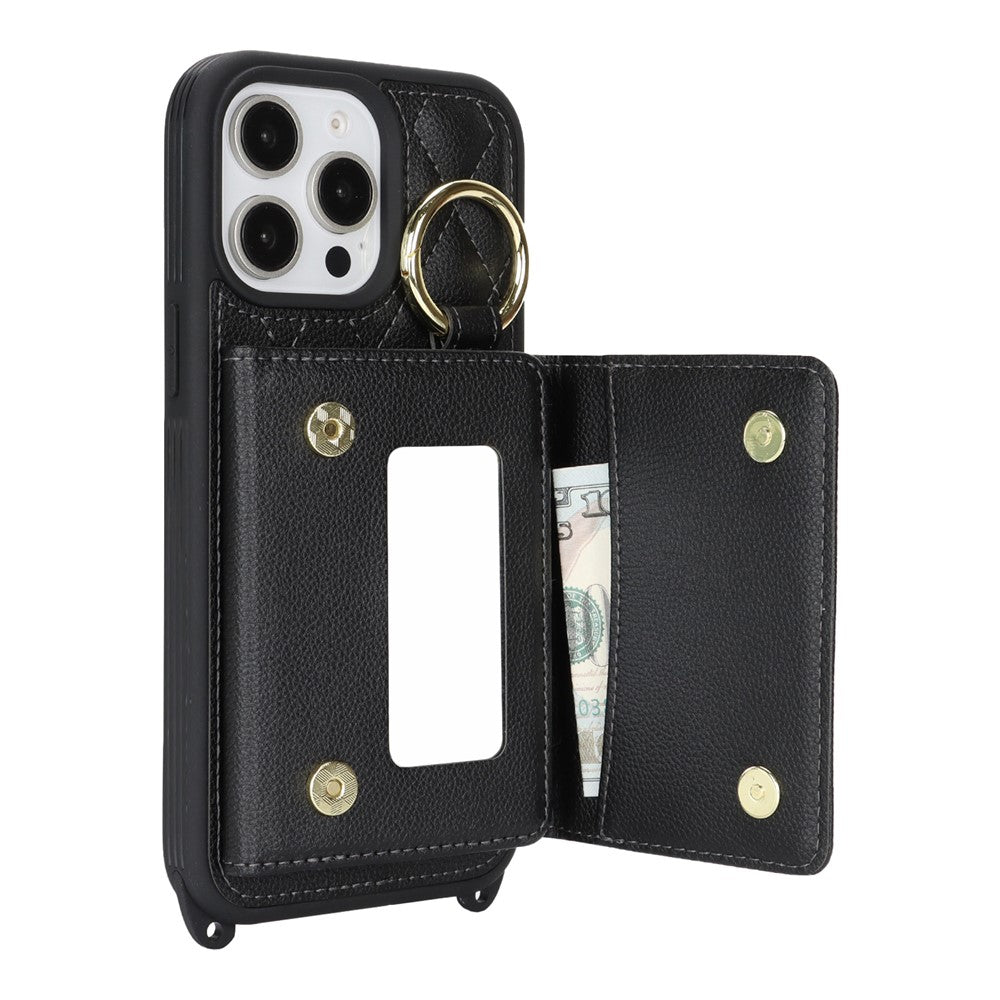 For iPhone 13 Pro Max / 12 Pro Max Case with Lanyard / Mirror / Card Holder Grids Pattern RFID Blocking Phone Cover