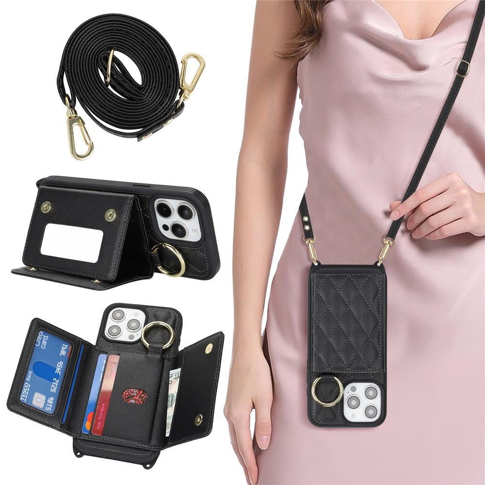 For iPhone 13 Pro Max / 12 Pro Max Case with Lanyard / Mirror / Card Holder Grids Pattern RFID Blocking Phone Cover