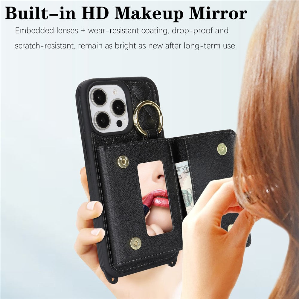 For iPhone 13 Pro Max / 12 Pro Max Case with Lanyard / Mirror / Card Holder Grids Pattern RFID Blocking Phone Cover