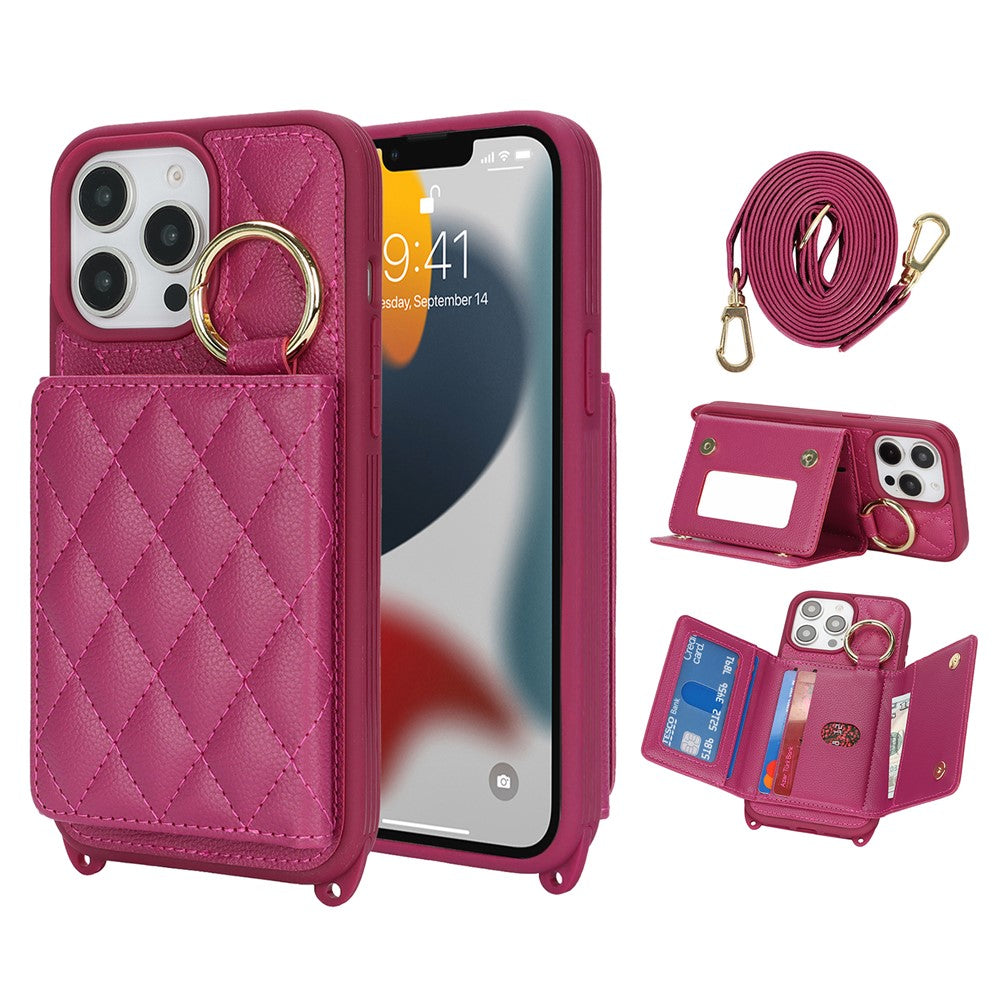 For iPhone 13 Pro Max / 12 Pro Max Case with Lanyard / Mirror / Card Holder Grids Pattern RFID Blocking Phone Cover
