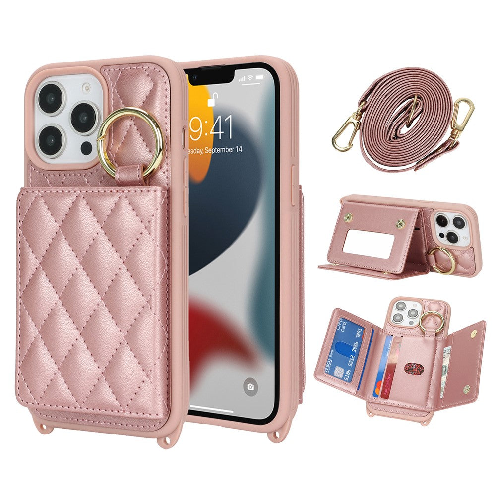 For iPhone 13 Pro Max / 12 Pro Max Case with Lanyard / Mirror / Card Holder Grids Pattern RFID Blocking Phone Cover