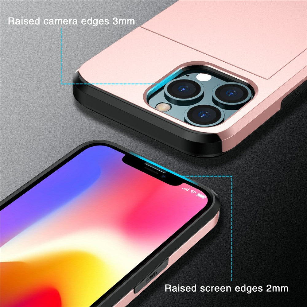 Well-protected Scratch-proof Slide Card Holder PC + TPU Hybrid Back Phone Case for iPhone 13 Pro 6.1 inch