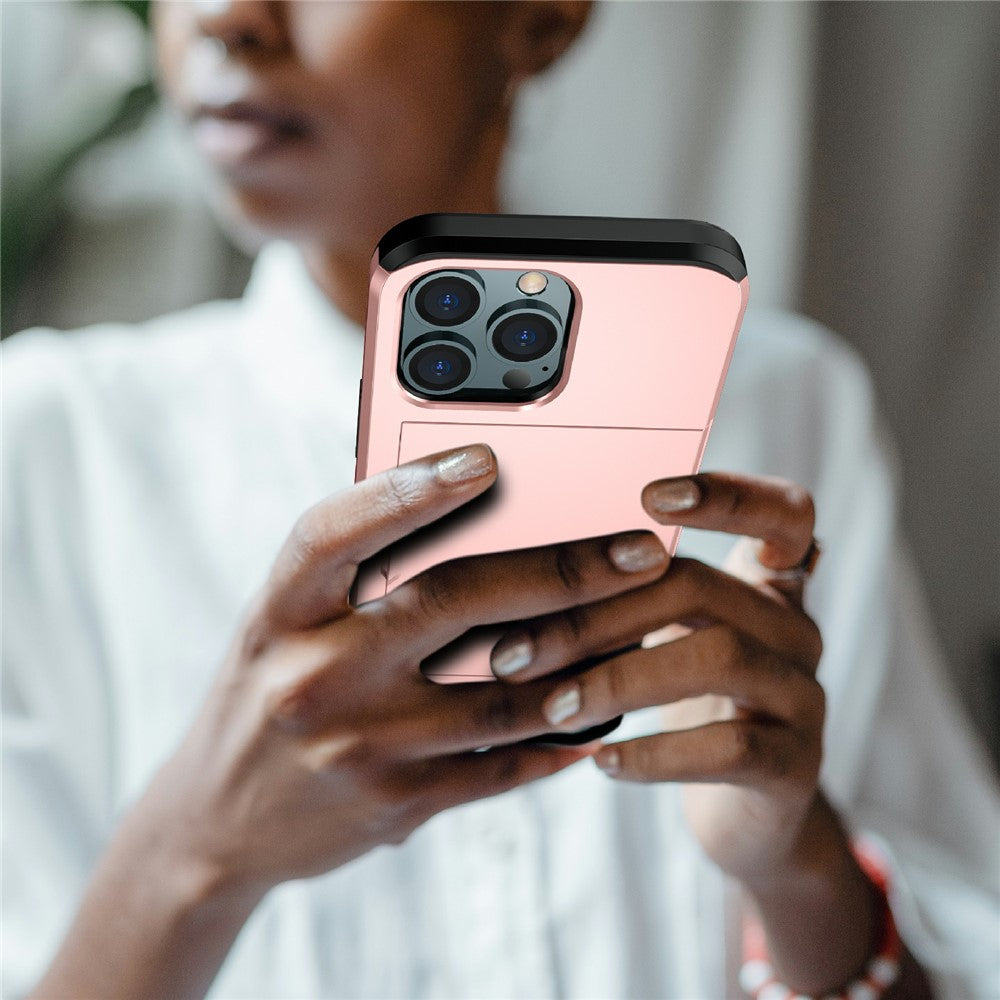 Well-protected Scratch-proof Slide Card Holder PC + TPU Hybrid Back Phone Case for iPhone 13 Pro 6.1 inch