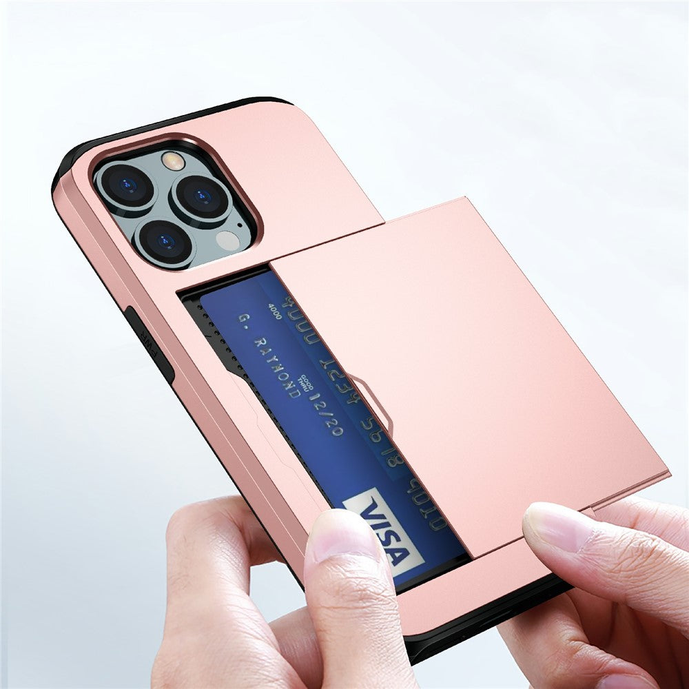Well-protected Scratch-proof Slide Card Holder PC + TPU Hybrid Back Phone Case for iPhone 13 Pro 6.1 inch