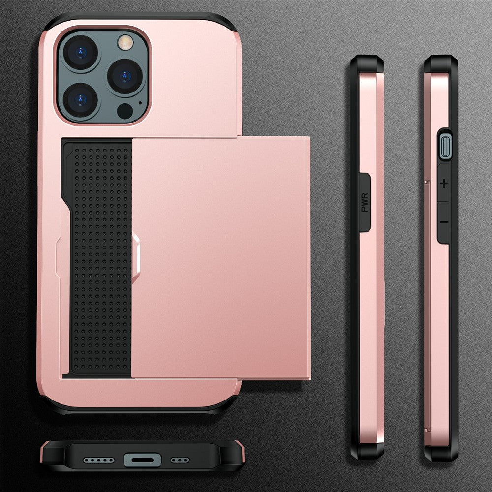 Well-protected Scratch-proof Slide Card Holder PC + TPU Hybrid Back Phone Case for iPhone 13 Pro 6.1 inch
