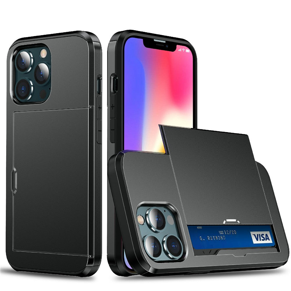 Well-protected Scratch-proof Slide Card Holder PC + TPU Hybrid Back Phone Case for iPhone 13 Pro 6.1 inch