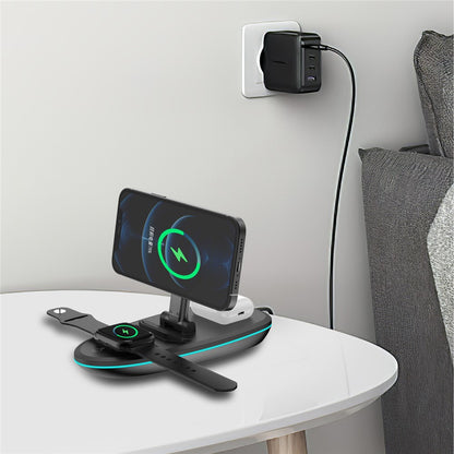 V9 3 in 1 Magnetic Foldable Wireless Charger Charging Dock Station with LED Light for iPhone 12 Pro Max Samsung