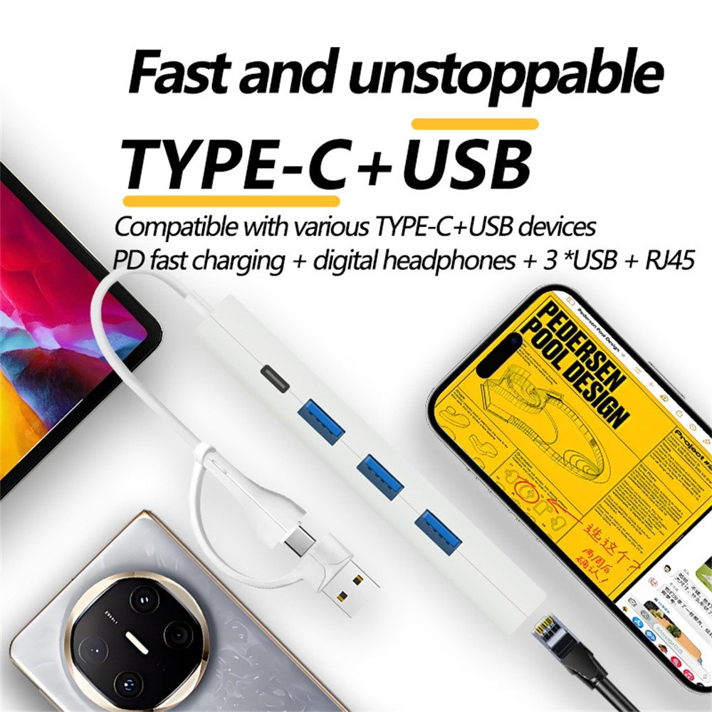AJ1027 USB + Type-C Dual Port 5 in 1 Adapter Type-C 3xUSB RJ45 Ethernet Network Hub