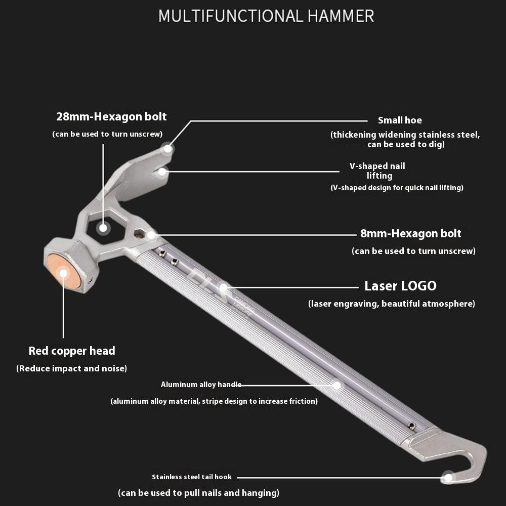 CLS Outdoor Camping Tent Peg Hammer Stainless Steel+Aluminum Alloy Handle Nail Puller