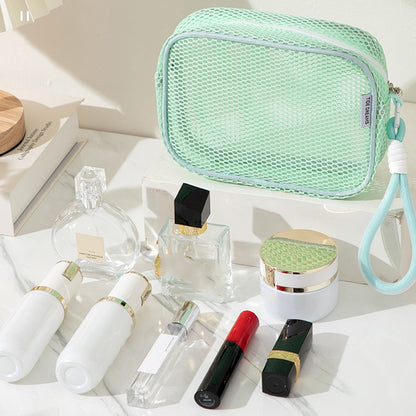 Mesh Cosmetic Bag Pearl Pull Head Zipper Toiletry Organizer Makeup Storage Pouch for Travel Daily Use