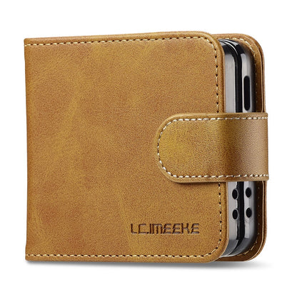 LC.IMEEKE For Samsung Galaxy Z Flip7 5G Case Card Holder Calf Texture PU Leather Folding Phone Cover