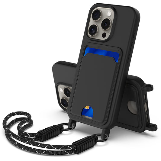 For iPhone 16 Pro Liquid Silicone Case  Phone Back Cover with Card Holder and Short Strap