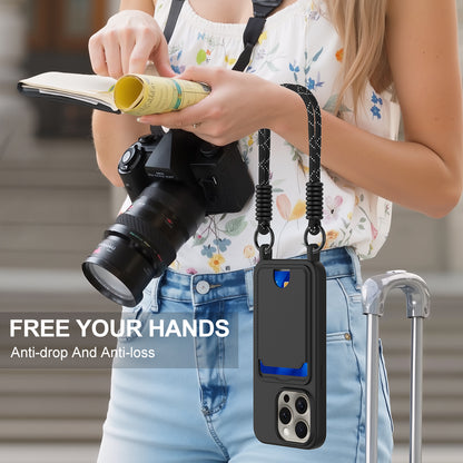 For iPhone 16 Pro Liquid Silicone Case  Phone Back Cover with Card Holder and Short Strap