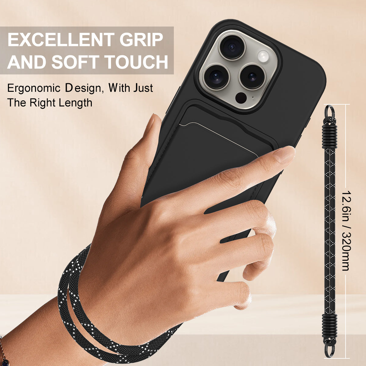 For iPhone 16 Pro Liquid Silicone Case  Phone Back Cover with Card Holder and Short Strap