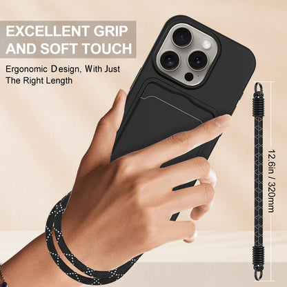 For iPhone 16 Pro Liquid Silicone Case  Phone Back Cover with Card Holder and Short Strap