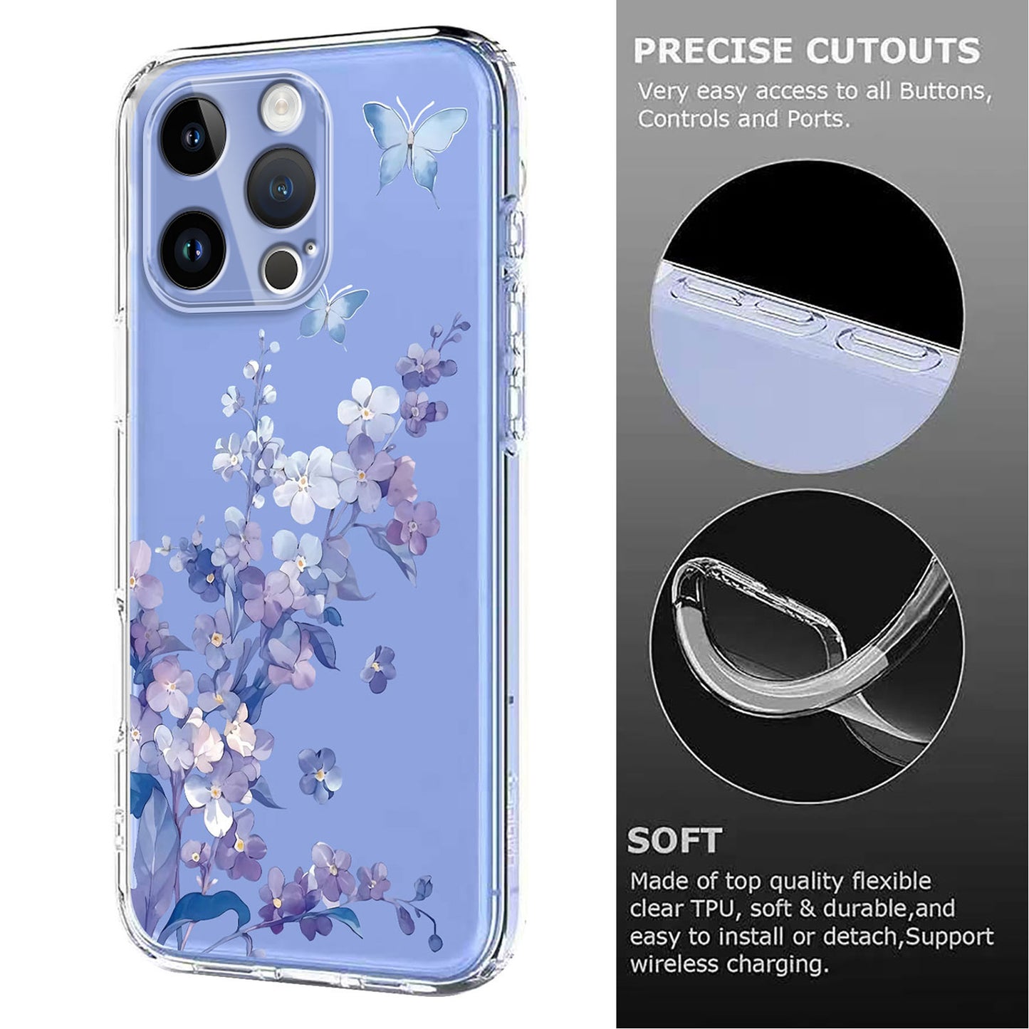For iPhone 16 Pro Max Case Butterfly Floral Pattern Printing TPU Phone Back Cover