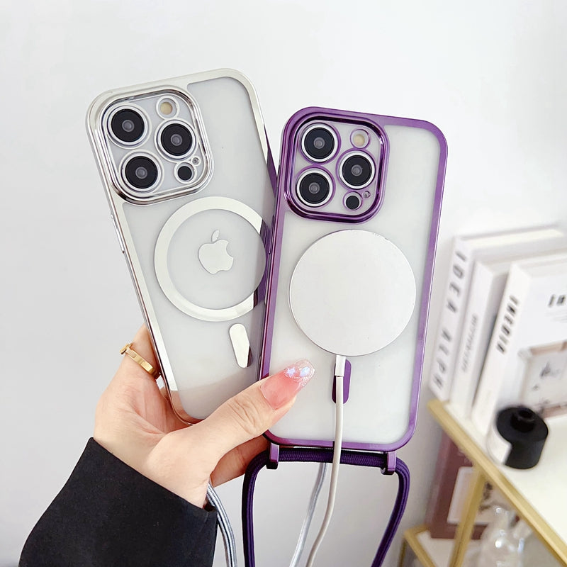 For iPhone 13 Pro 6.1 inch Case Compatible with MagSafe Electroplating Edge TPU Phone Cover with Shoulder Strap