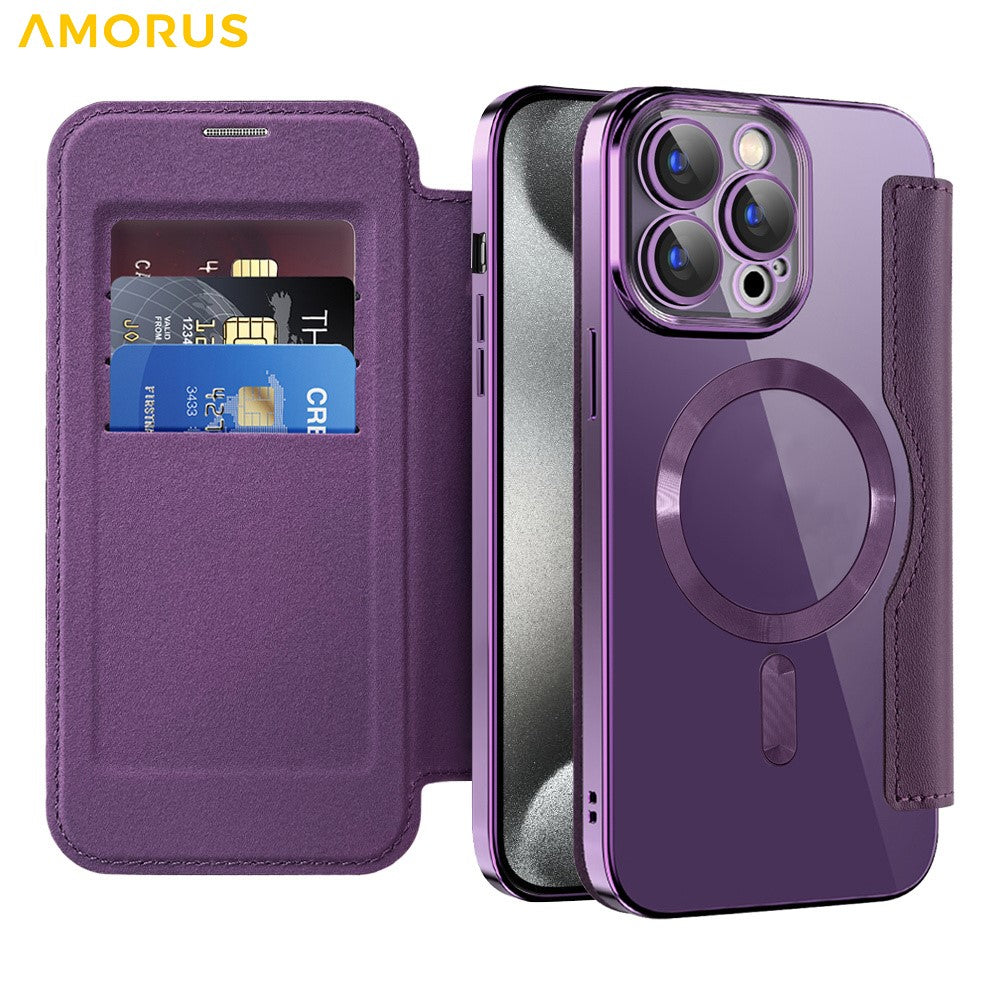 AMORUS For iPhone 13 Pro Max Case Compatible with MagSafe RFID Blocking Card Holder Leather Phone Cover