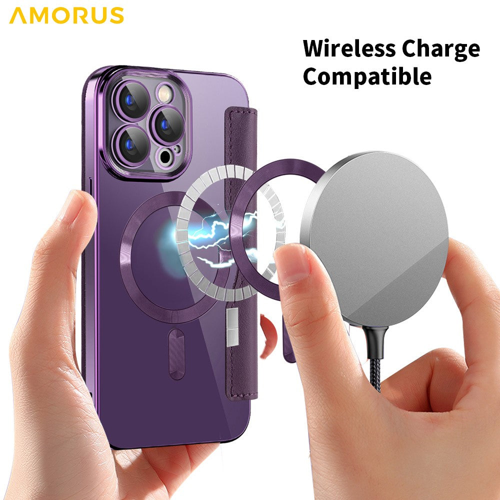AMORUS For iPhone 13 Pro Max Case Compatible with MagSafe RFID Blocking Card Holder Leather Phone Cover