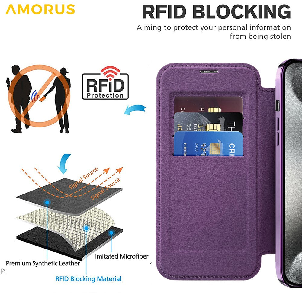 AMORUS For iPhone 13 Pro Max Case Compatible with MagSafe RFID Blocking Card Holder Leather Phone Cover