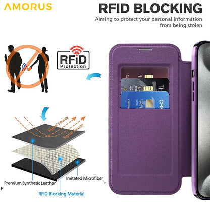 AMORUS For iPhone 13 Pro Max Case Compatible with MagSafe RFID Blocking Card Holder Leather Phone Cover