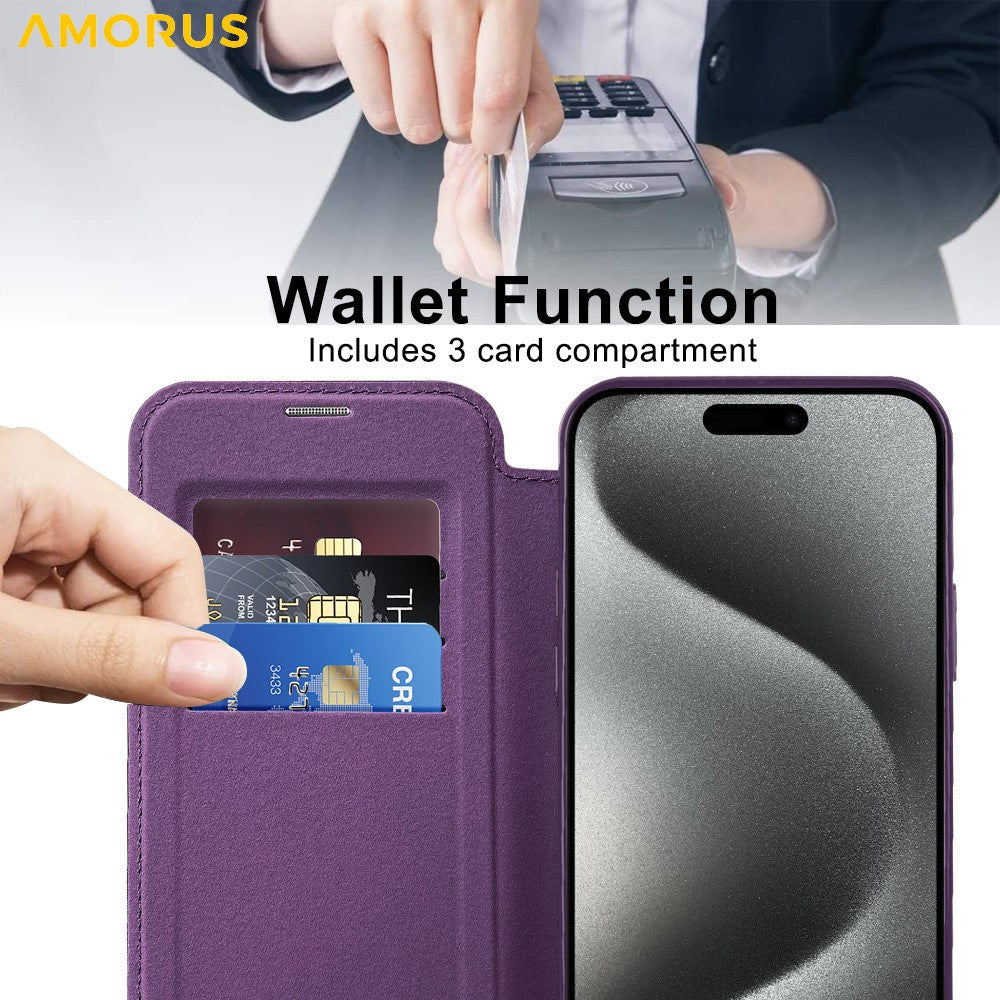AMORUS For iPhone 13 Pro Max Case Compatible with MagSafe RFID Blocking Card Holder Leather Phone Cover