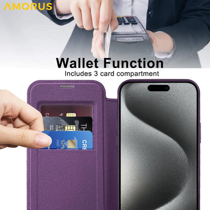 AMORUS For iPhone 13 Pro Max Case Compatible with MagSafe RFID Blocking Card Holder Leather Phone Cover