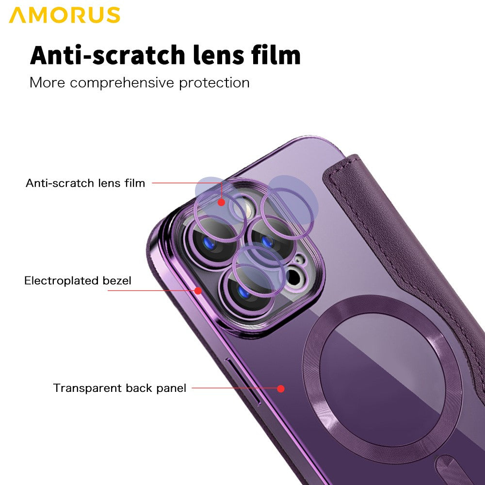 AMORUS For iPhone 13 Pro Max Case Compatible with MagSafe RFID Blocking Card Holder Leather Phone Cover