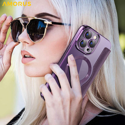 AMORUS For iPhone 13 Pro Max Case Compatible with MagSafe RFID Blocking Card Holder Leather Phone Cover