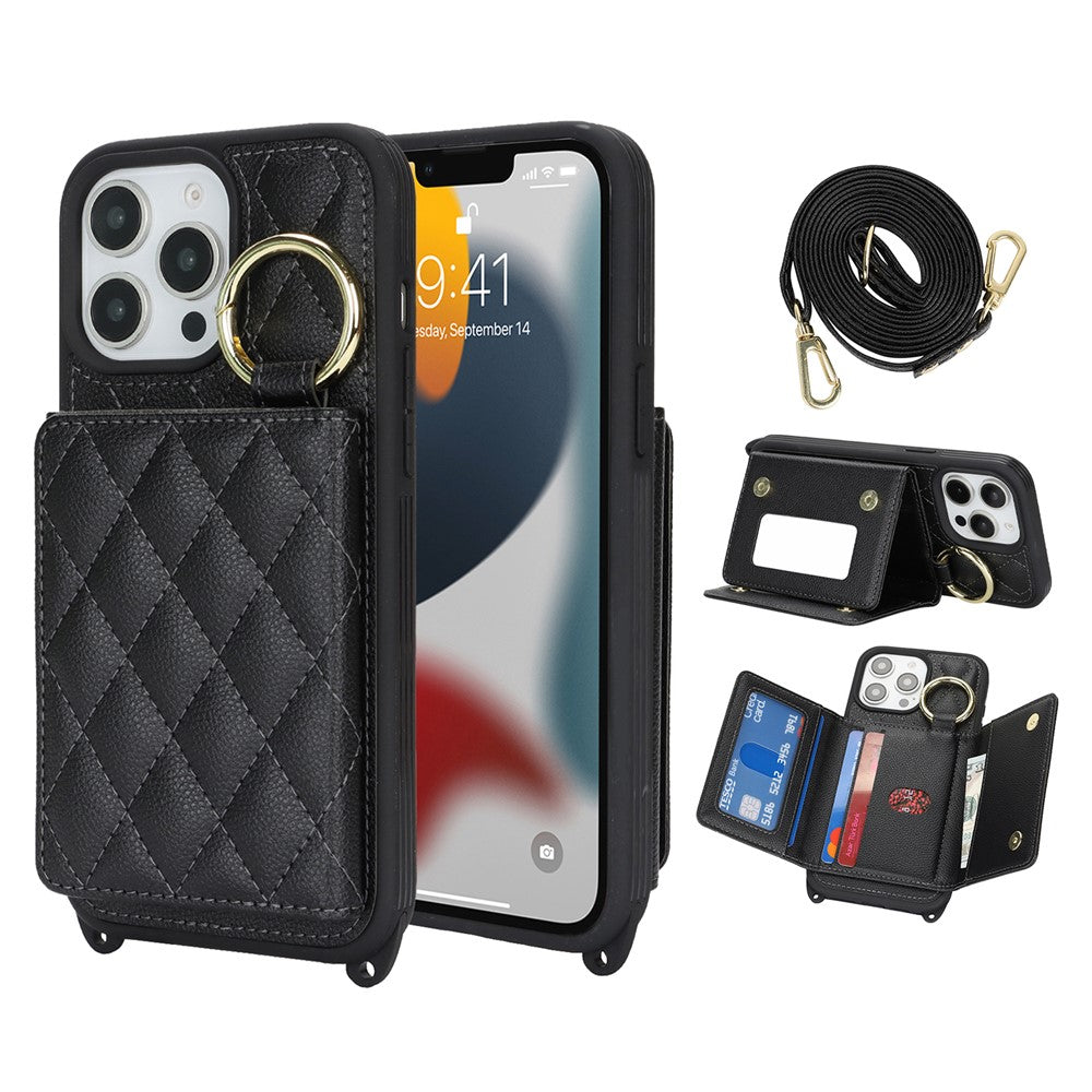 For iPhone 13 Pro Max / 12 Pro Max Case with Lanyard  /  Mirror  /  Card Holder Grids Pattern RFID Blocking Phone Cover