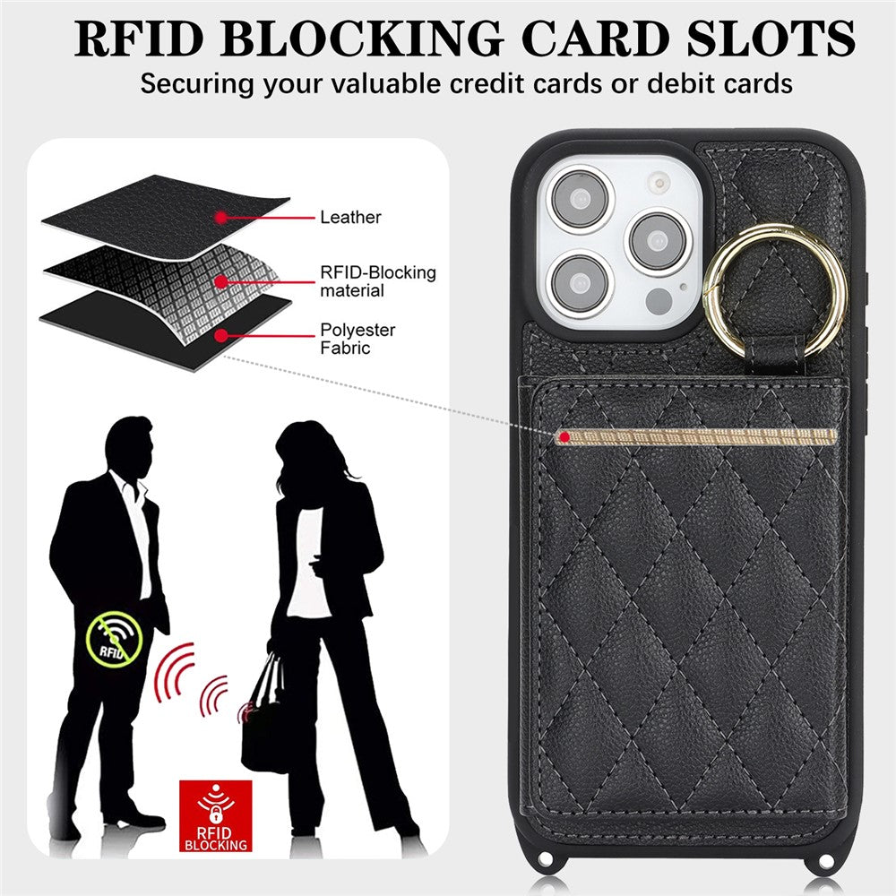 For iPhone 13 Pro Max / 12 Pro Max Case with Lanyard  /  Mirror  /  Card Holder Grids Pattern RFID Blocking Phone Cover