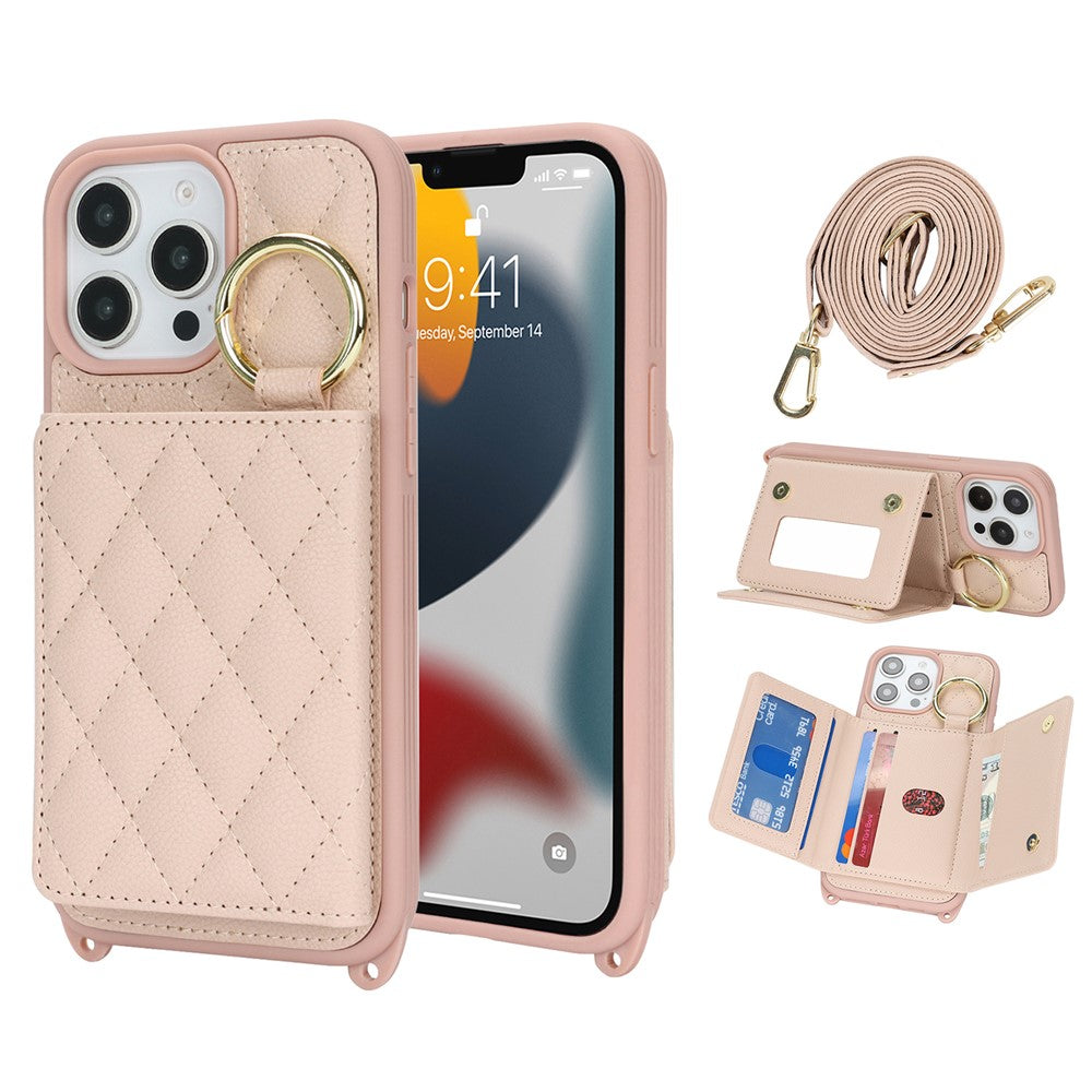 For iPhone 13 Pro Max / 12 Pro Max Case with Lanyard  /  Mirror  /  Card Holder Grids Pattern RFID Blocking Phone Cover