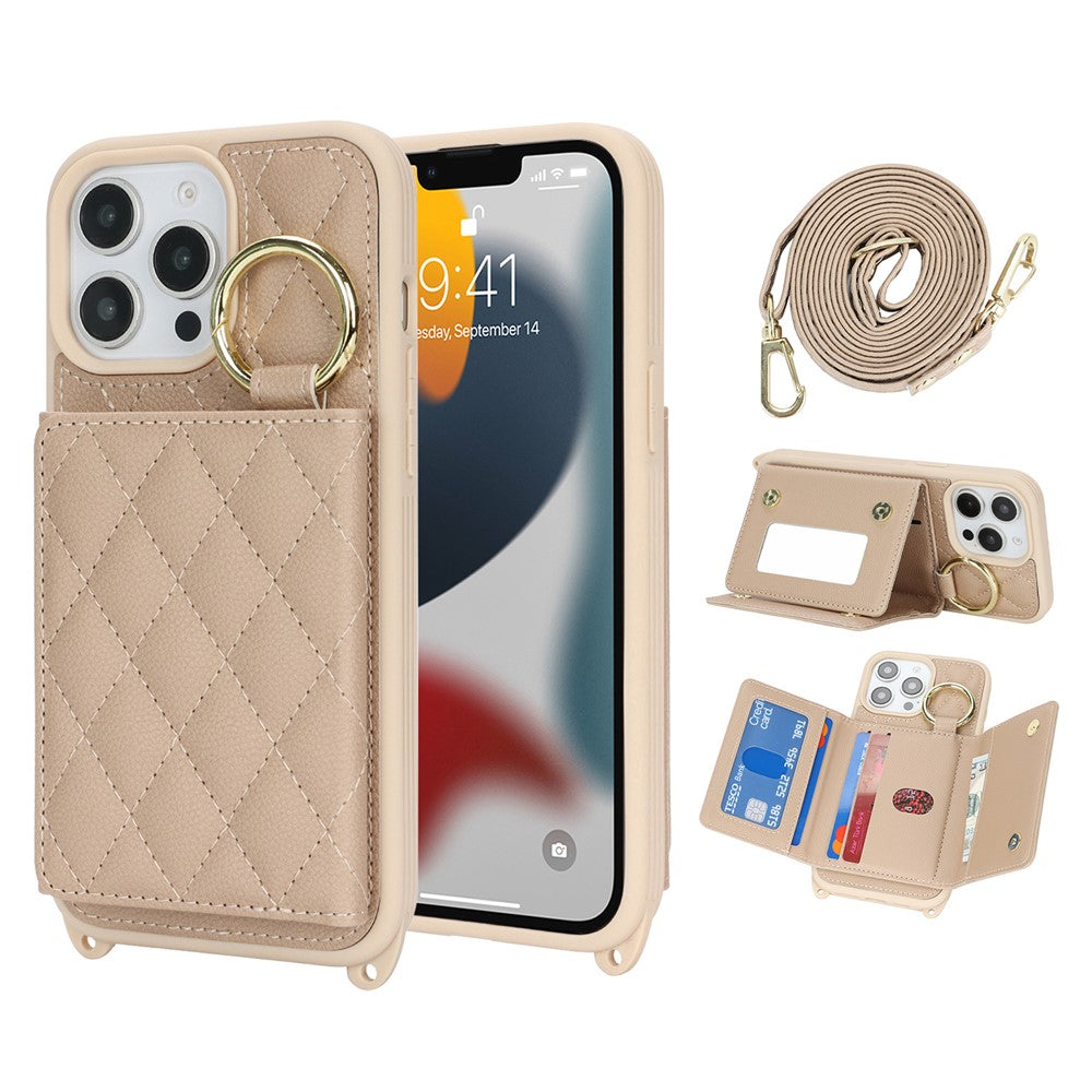 For iPhone 13 Pro Max / 12 Pro Max Case with Lanyard  /  Mirror  /  Card Holder Grids Pattern RFID Blocking Phone Cover
