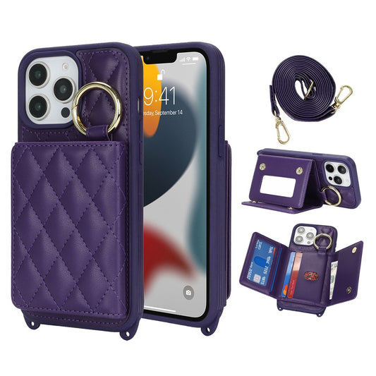 For iPhone 13 Pro Max / 12 Pro Max Case with Lanyard  /  Mirror  /  Card Holder Grids Pattern RFID Blocking Phone Cover