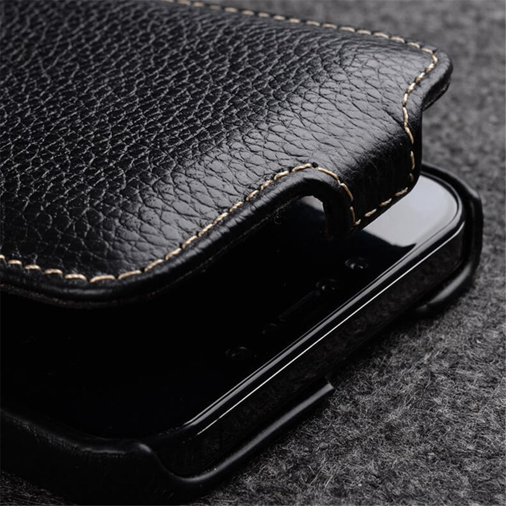 MELKCO For iPhone 13 Pro Litchi Texture Phone Case Genuine Cow Leather+PC Vertical Flip Back Cover