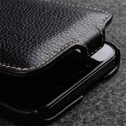 MELKCO For iPhone 13 Pro Litchi Texture Phone Case Genuine Cow Leather+PC Vertical Flip Back Cover