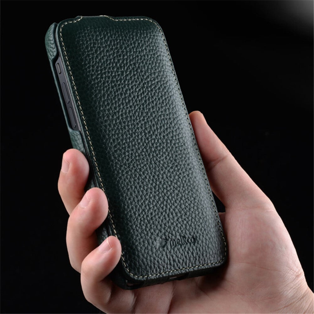 MELKCO For iPhone 13 Pro Litchi Texture Phone Case Genuine Cow Leather+PC Vertical Flip Back Cover
