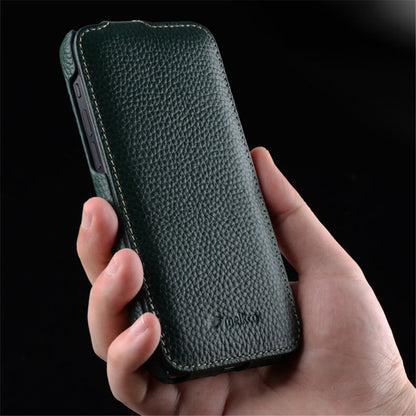 MELKCO For iPhone 13 Pro Litchi Texture Phone Case Genuine Cow Leather+PC Vertical Flip Back Cover