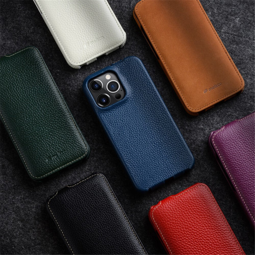 MELKCO For iPhone 13 Pro Litchi Texture Phone Case Genuine Cow Leather+PC Vertical Flip Back Cover