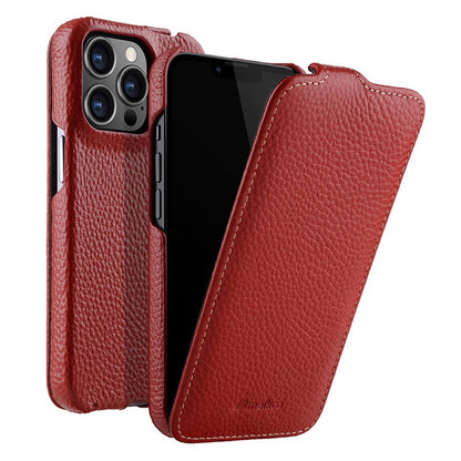 MELKCO For iPhone 13 Pro Litchi Texture Phone Case Genuine Cow Leather+PC Vertical Flip Back Cover