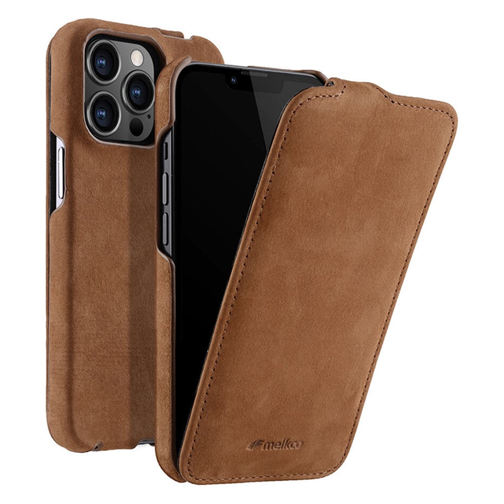MELKCO For iPhone 13 Pro Litchi Texture Phone Case Genuine Cow Leather+PC Vertical Flip Back Cover