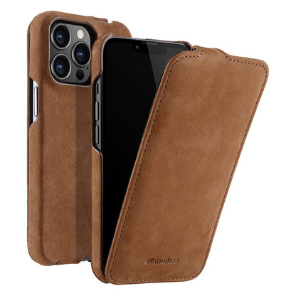 MELKCO For iPhone 13 Pro Litchi Texture Phone Case Genuine Cow Leather+PC Vertical Flip Back Cover