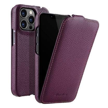 MELKCO For iPhone 13 Pro Litchi Texture Phone Case Genuine Cow Leather+PC Vertical Flip Back Cover