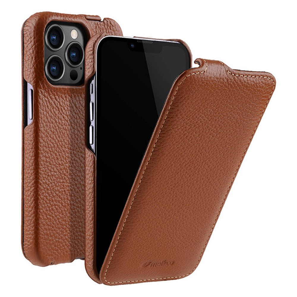 MELKCO For iPhone 13 Pro Litchi Texture Phone Case Genuine Cow Leather+PC Vertical Flip Back Cover