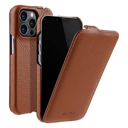 MELKCO For iPhone 13 Pro Litchi Texture Phone Case Genuine Cow Leather+PC Vertical Flip Back Cover
